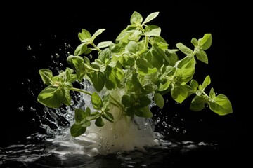 Oregano , Throw it into the water and spread it out , vegetable , black background.