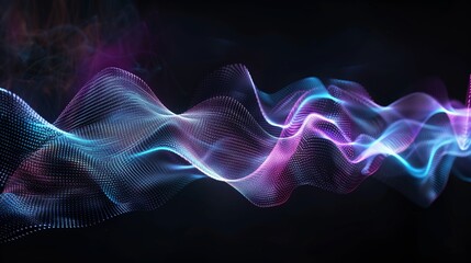 Fototapeta premium Abstract blue and purple wave moving on black background. Sound or music visualization, digital technology. Generated by artificial intelligence.