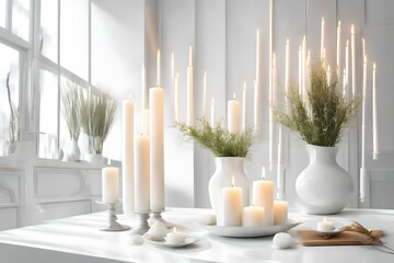 still life with burning candles in white modern interior - obrazy, fototapety, plakaty