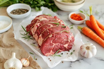 a fresh whole cut beef on parchment surrounded by garlic and carrots in small bowls on a white...