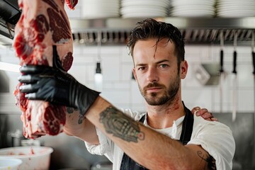 Photo of an attractive man in his mid-20s working at a butcher's shop on a white background with good looking hairstyle holding a big piece of raw meat with black gloves in the morning