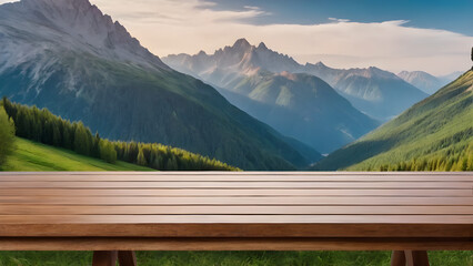 a wooden table on the background of a mountainous area. a platform for product, advertising, and presentation