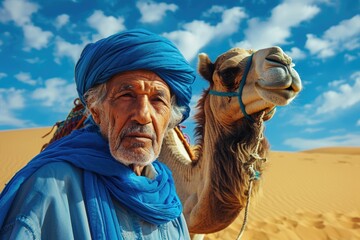 an elderly arab man wearing a blue thobe while wearing a kerchief walking with a camel in sahara desert  during sunshine in the morning