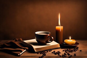 Obraz na płótnie Canvas Coffee and book with candle standing on table with brown background 