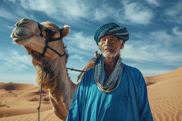 an elderly arab man wearing a blue thobe while wearing a kerchief walking with a camel in sahara desert  during sunshine in the morning