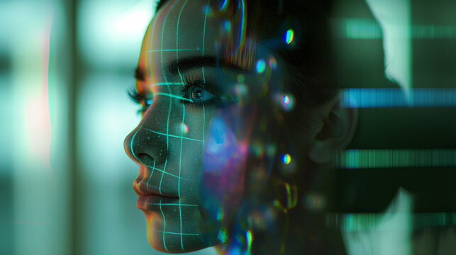 Futuristic hologram facial recognition facial scanning of woman face