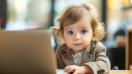 Toddler at laptop in business attire.