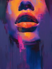 Wall art poster featuring a close-up image of a woman's face with colorful, bright lips painted in vivid hues, creating a bold and eye-catching focal point