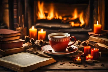 Draagtas Hot tea or coffee in mug, book and candles on vintage wood table. Fireplace as background  © Muhammad