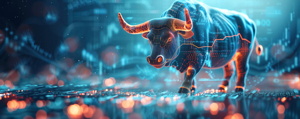 Abstract illustration of bull on the background with diagrams. Stock market concept. - obrazy, fototapety, plakaty