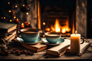 Hot tea or coffee in mug, book and candles on vintage wood table. Fireplace as background 