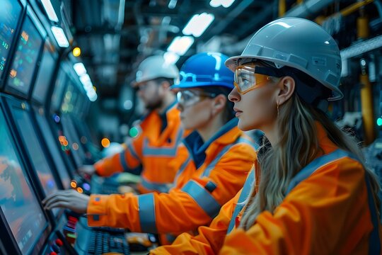 Engineers collaborating in high-tech command center at mining site. Concept Mining Operations, Engineers, High-tech, Collaboration, Command Center