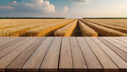 wooden table on the background of a wheat field