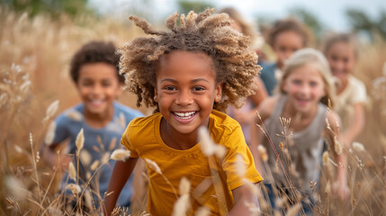 Portrait of smiling african american little boy with dreadlocks in field