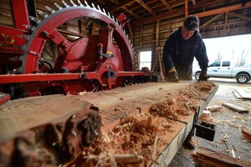 photo of man using large red and black saw mill to cut wood inside barn with white truck parked outside in the morning in an old workshop - Powered by Adobe