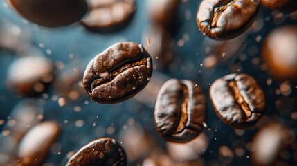 Roasted coffee beans in motion levitating on black background for a captivating visual experience