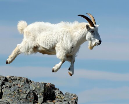 aerial photo of a white furry big muscular mountain goat with big horns jumping of a brown and black mountain cliff in the morning with a clear blue sky with white clouds in the background