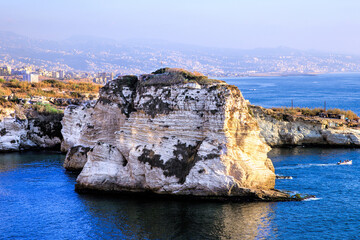 Rock of Raouche or Pigeon Rocks in Beirut. Landmark of Beirut and a very popular destination for both locals and tourists