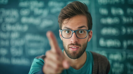 Engaging teacher pointing forward with a chalkboard behind. - obrazy, fototapety, plakaty