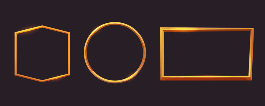 Golden frame game medieval menu, user interface shiny border. Empty borders in medieval style, fantasy decoration different shapes isolated on dark background. 