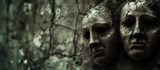 Eerie masks with haunting expressions against a cracked wall.