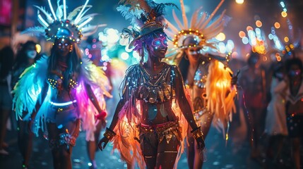 Futuristic Rio carnival with holographic floats and costumes that change with the wearers mood --ar 16:9 - obrazy, fototapety, plakaty