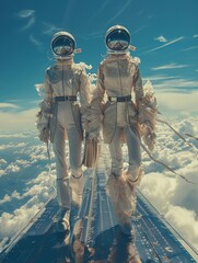 Fashion show on a floating platform above Earth