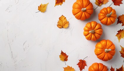 Orange pumpkins and autumn leaves on a light background. Banner with space for your text.