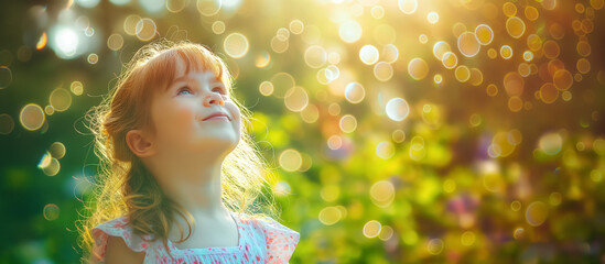 Young girl bathed in golden sunlight with bokeh.