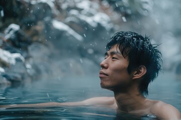 Asian man bathes in a hot thermal spring. Rest. Winter snow. relax - obrazy, fototapety, plakaty
