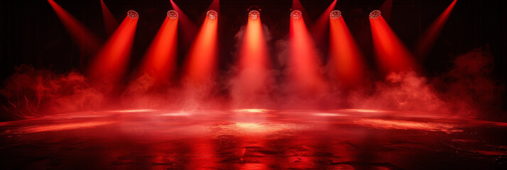 Free stage with lights and smoke, Empty stage with red spotlights, conser, show, party, Presentation concept. red spotlight strike on black background, vintage retro stage red pink light banner