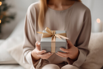 Woman Holding a Gift Box with Elegant Ribbon