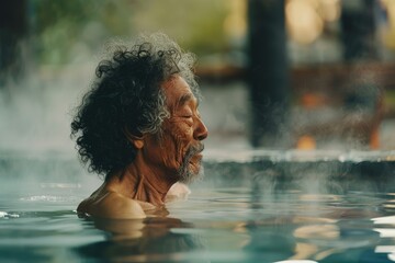 An old gray-haired Asian man bathes in a hot thermal spring. Rest. Winter snow. relax - obrazy, fototapety, plakaty