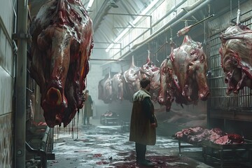 many large pieces of fresh and old meat white and covered with red blood hanging from the ceiling...