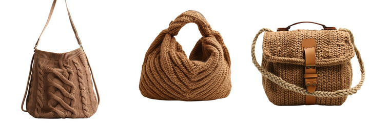 Set of knitted brown women's bag isolated on a transparent background - obrazy, fototapety, plakaty