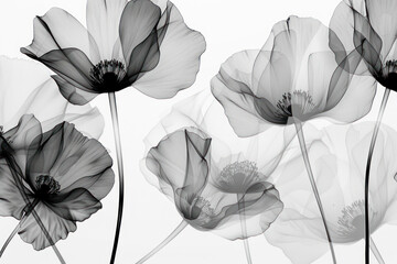 Black and white luxury watercolor art background with transparent x-ray flowers.