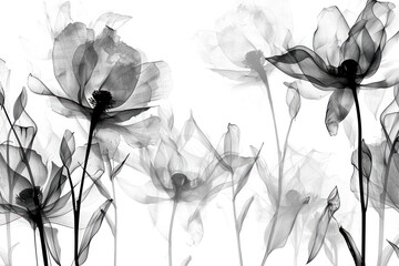 Black and white luxury watercolor art background with transparent x-ray flowers.