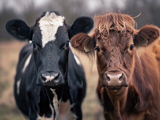 two cows colored black white and brown standing beside each other in a romantic style in a grass...