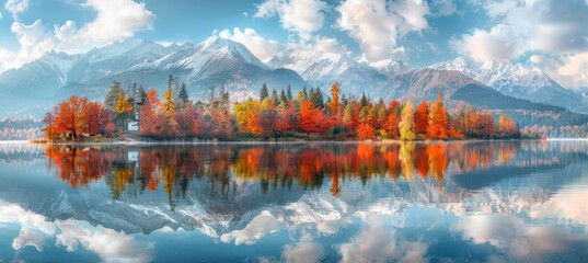 Vibrant high tatra lake at sunrise  autumn pine forest reflection, ideal hiking landscape - obrazy, fototapety, plakaty
