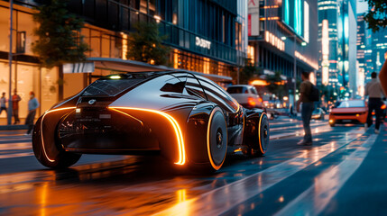 Futuristic car on city street at dusk. Concept of automotive innovation, urban technology, modern transportation, futuristic design