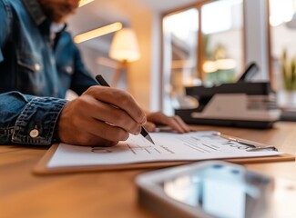 Businessman sitting at office desk signing a contract close up