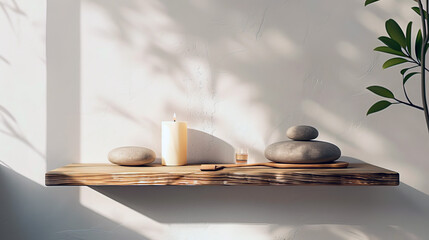 Obraz na płótnie Canvas Candle and stones on wooden bathroom shelf. Concept of relaxation space, meditation practice, spa design, peaceful home environment