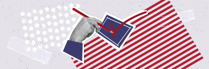 Composite panoramic collage of hand hold pencil write check mark election democracy choice usa...