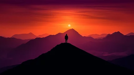 Deurstickers A serene scene featuring a lone individual atop a mountain ridge, with the sun setting behind layered mountain silhouettes © Zhanna