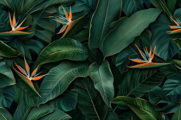 Pattern wallpaper of tropical dark green leaves of palm trees and flowers bird of paradise.
