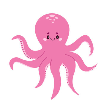 Cute pink octopus. Marine animals, ocean fish. Vector illustration