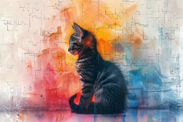 Puzzle game grid Ink Wash Playful Kitten Whimsical Rainbow Enigmatic Curiosity , - obrazy, fototapety, plakaty