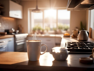 A Sip of Cozy. Coffee Elegantly Featured in a Sun-Kissed Kitchen Scene