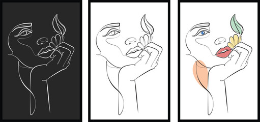 beautiful girl face lips flower vector line art illustration