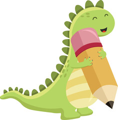 Cute Green Dinosaur Holding Pencil